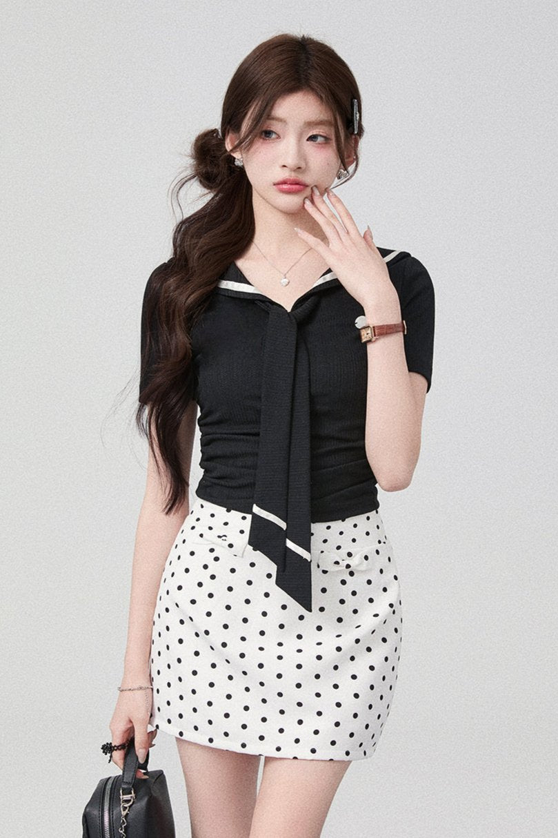 Sailor Kara Sweet Bow Knit Top + Black Skirt