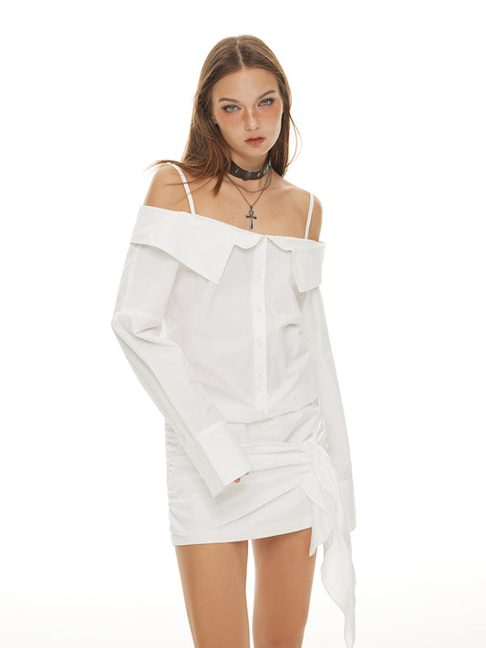 Mess Studio American Hottie Shirt Dress Niche Design Slim One Shoulder White Long Sleeve Dress Female