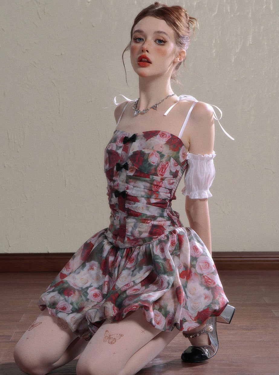 I Rose Flower Sea Broken Flower One Shoulder Tutu Dress