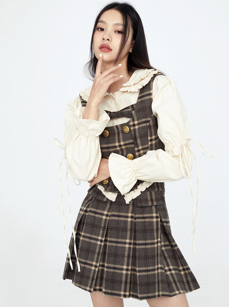 Brown Retro Check Suspenders + Check Skirt