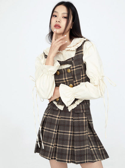 Brown Retro Check Suspenders + Check Skirt