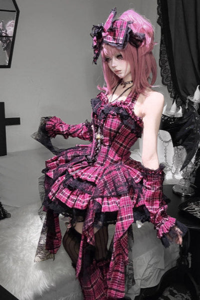 【11月2日予約締切】Pink Plaid × Black Gothic Punk Halter Neck Lace Corset Dress