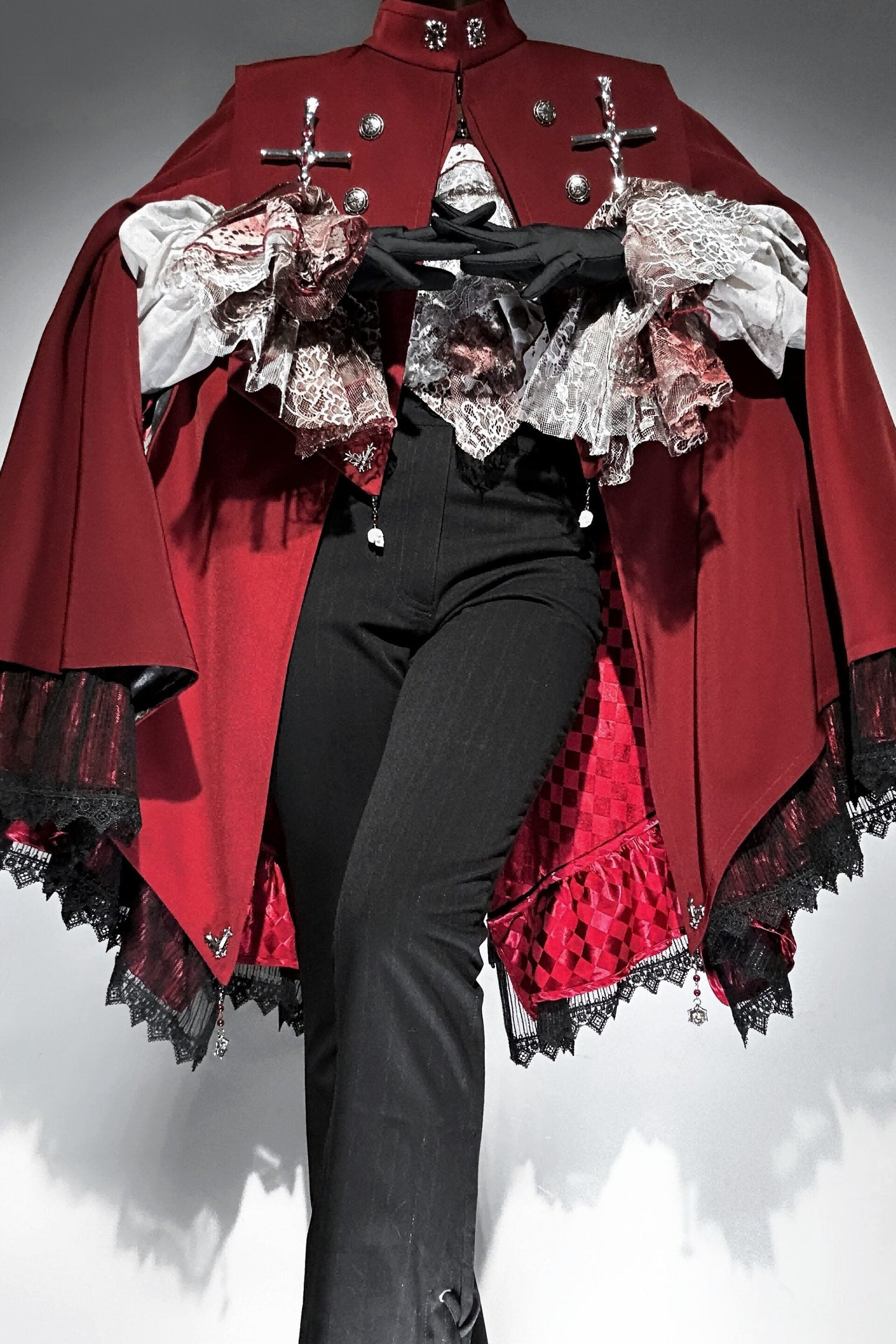 【9月5日予約締切】Dark Red/Dark Green Gothic Chain Layered Lace Cape Coat(Short Length/Long Length)