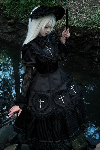【12月12日予約締切】Night Crossダークエレガントゴシックロリータジュエルリボンケープ＋ロングドレスセット