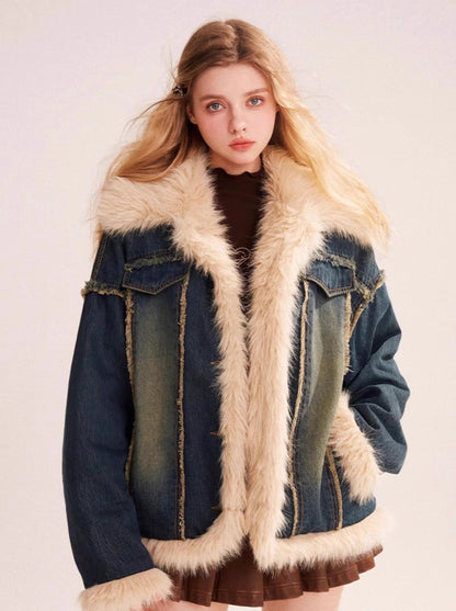 Retro fur stitch denim jacket