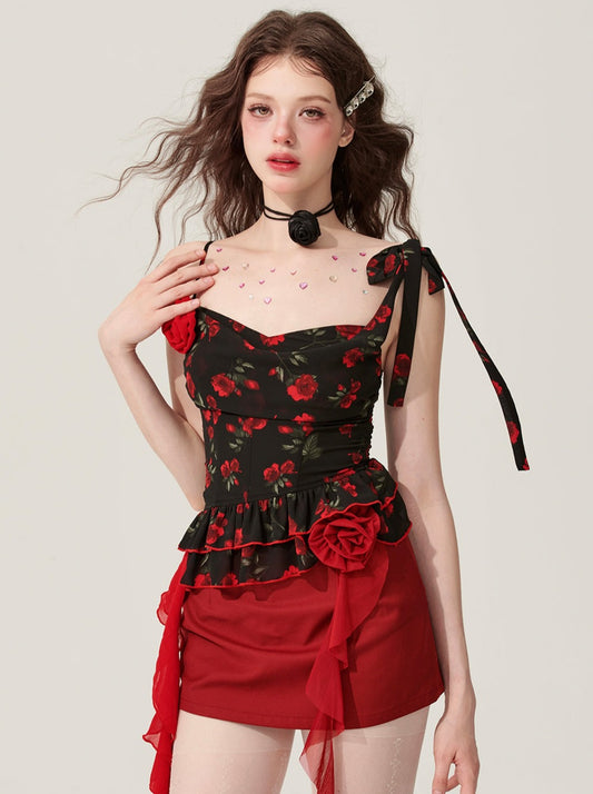 [May 31st 20 o'clock on sale] less eyes rose blazing black suspender floral T-shirt women look thin in summer