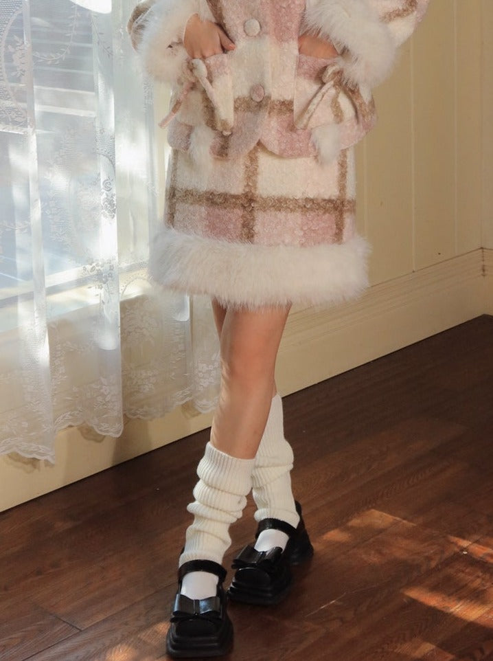 Peach Check Fur Jacket + Check Fur Skirt