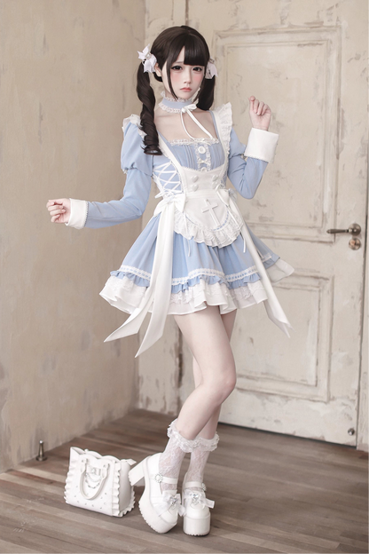 【4月15日预售截止】水蓝色医疗蕾丝交叉围裙连衣裙+项圈