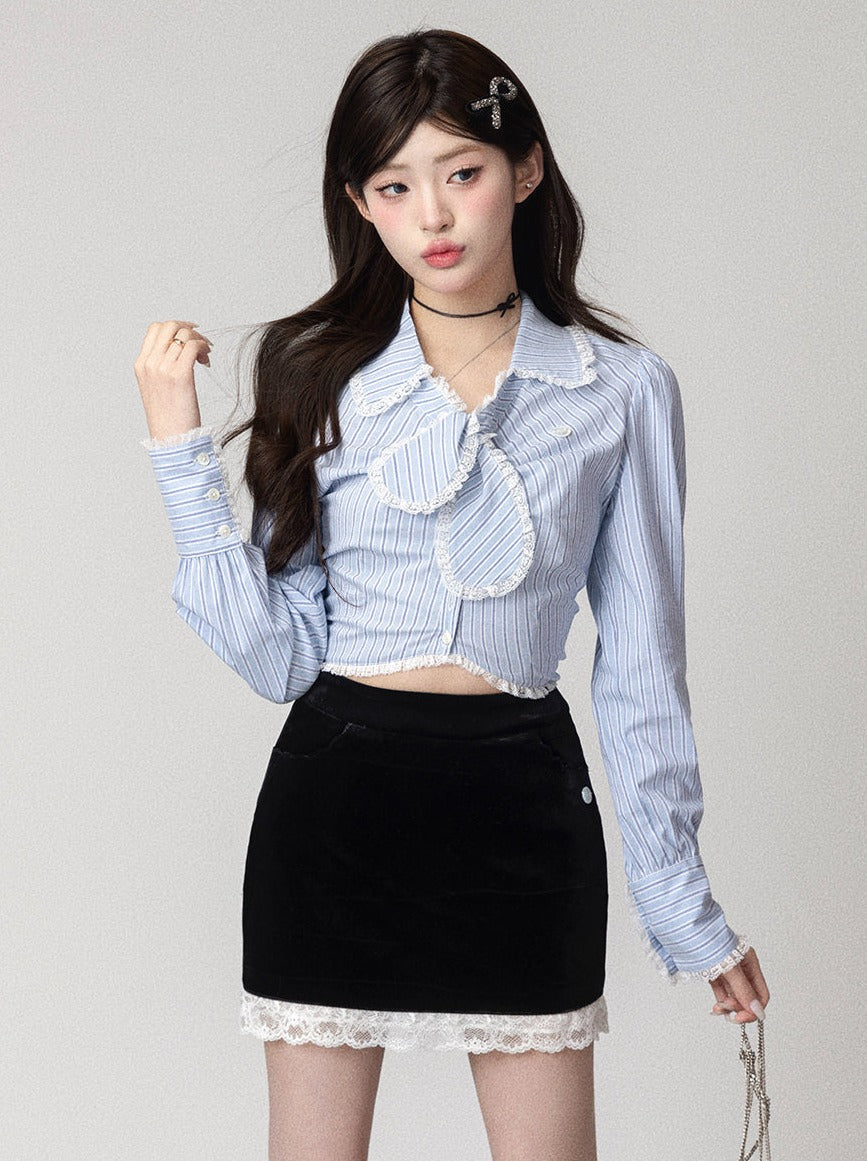 Rabbit Ear Tie Waist Slim Blouse