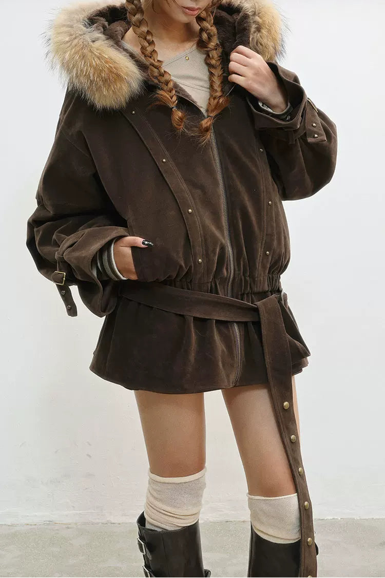 フレンチレトロベルベットファーフードジャケット