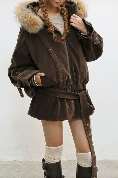 フレンチレトロベルベットファーフードジャケット