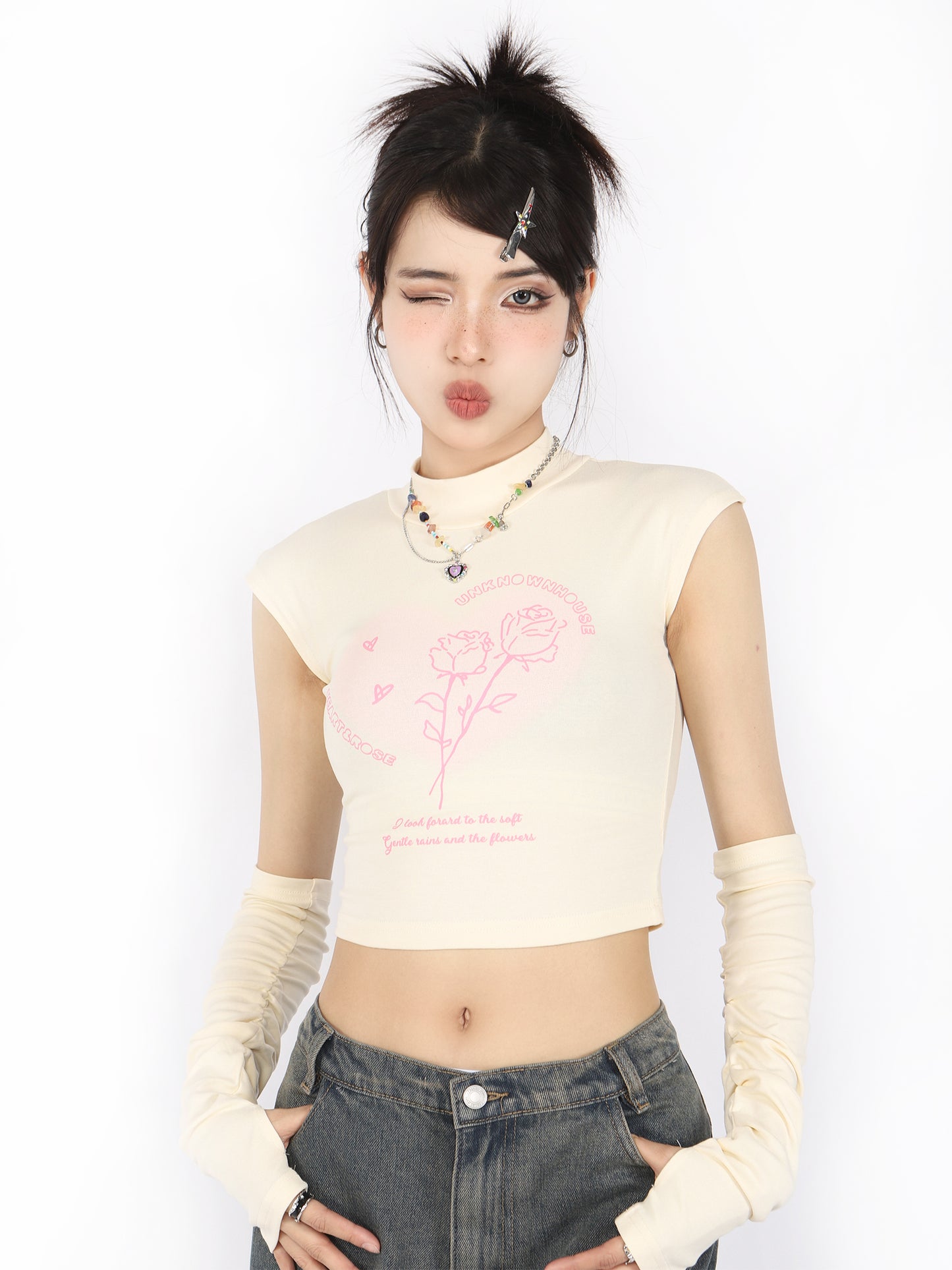 Rose short French T -shirt with American retro sleeve