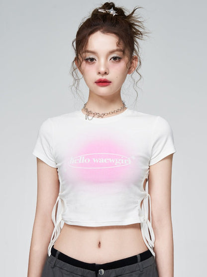 Round neck gradation pink print T -shirt