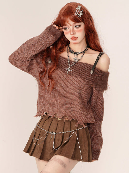 Lazy style off -shoulder spicy strap knit [Reservation product]