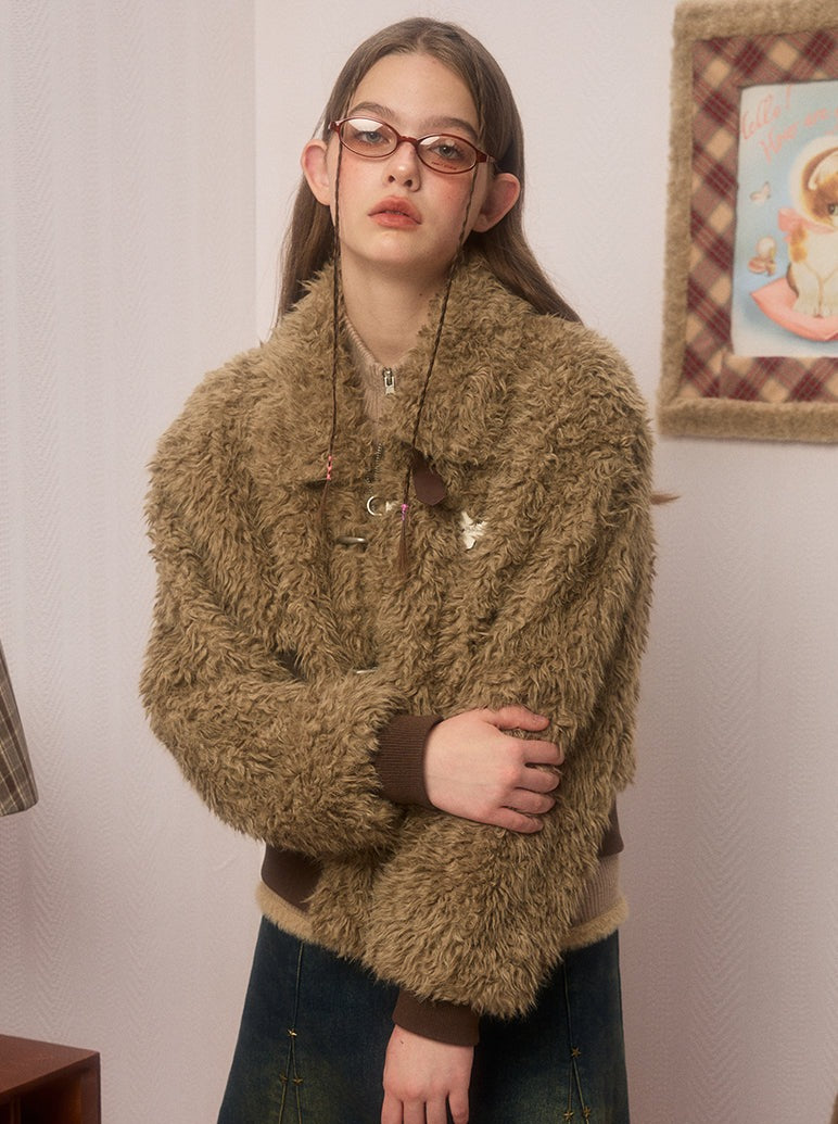 Neck Belt Lapel Lamb Wool Short Boa Coat