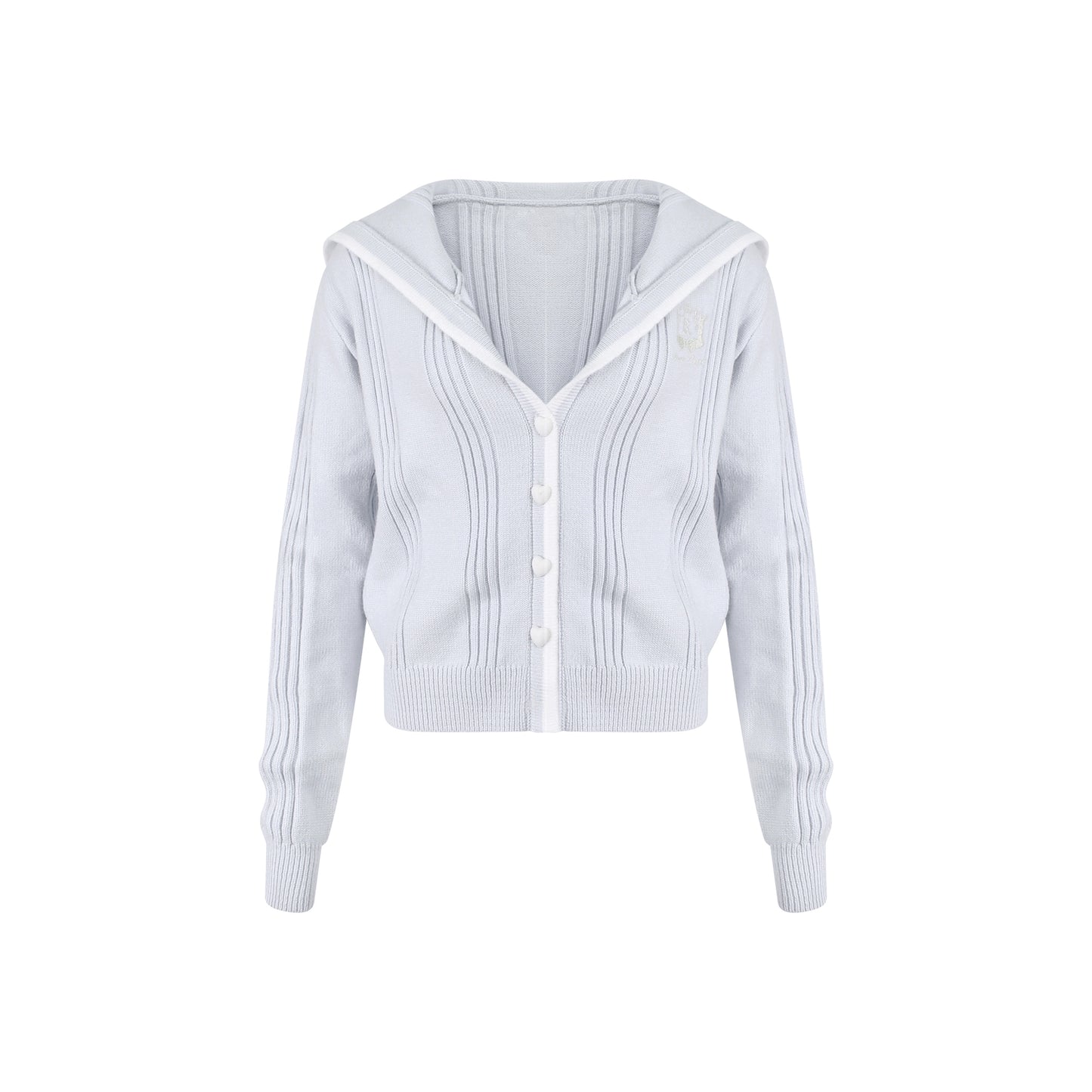 ミルクブルーシーソルトライトブルーニットカーディガン+プリントサスペンダー+ニットパンツ