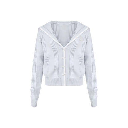 ミルクブルーシーソルトライトブルーニットカーディガン+プリントサスペンダー+ニットパンツ