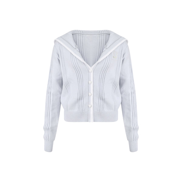 ミルクブルーシーソルトライトブルーニットカーディガン+プリントサスペンダー+ニットパンツ