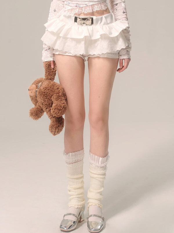 Eye White Pearl White Lace French Ribbon Flared Skirt Pants