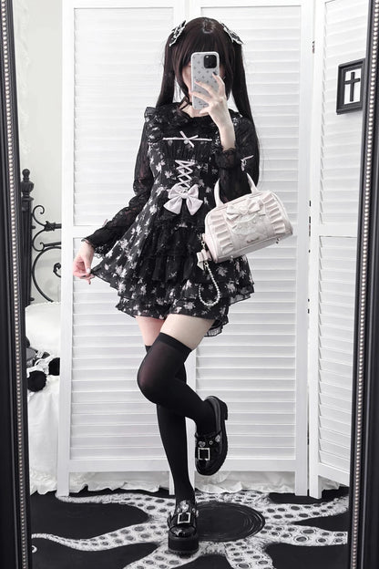 【10月28日予約締切】Pink/White/Black/White 4-Piece Set: Floral Tiered Lace Long-Sleeve Dress + Shorts + Pair of Ribbon Hair Clips + Bow Tie