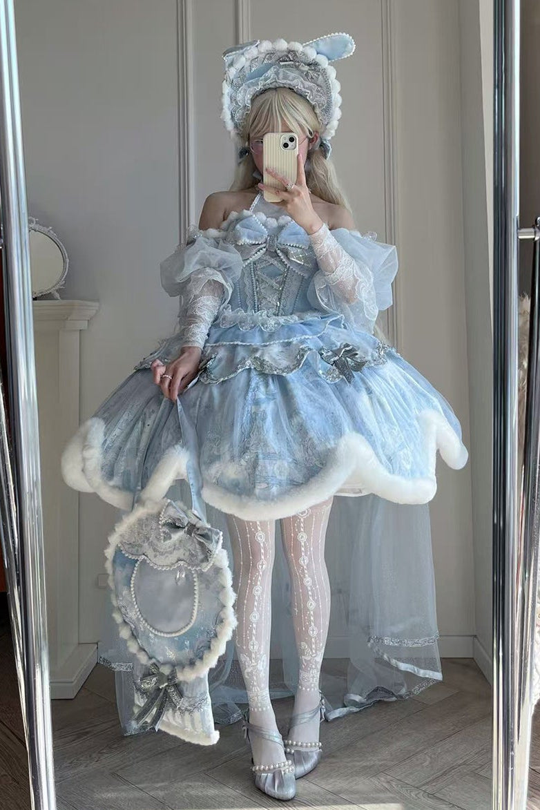 [Deadline for reservations: December 10] Snow Rabbit Ball Blue and Silver Halter Neck Fur Dress Complete Set