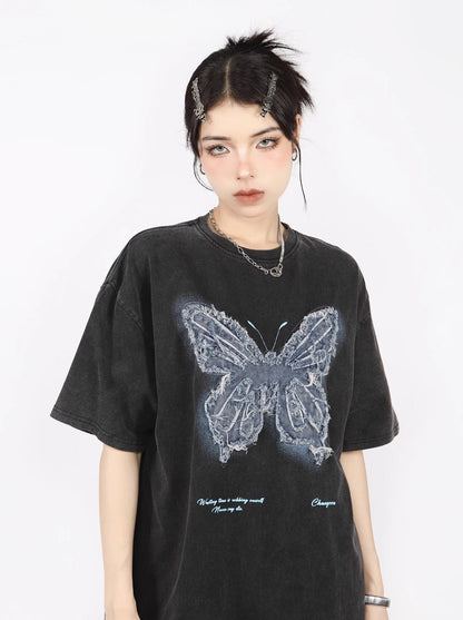 American Retro Butterfly Ergain Broy Dary Over -size T -shirt