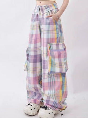 American cute pastel check straight pants