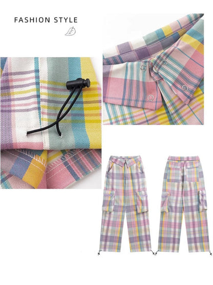 American cute pastel check straight pants