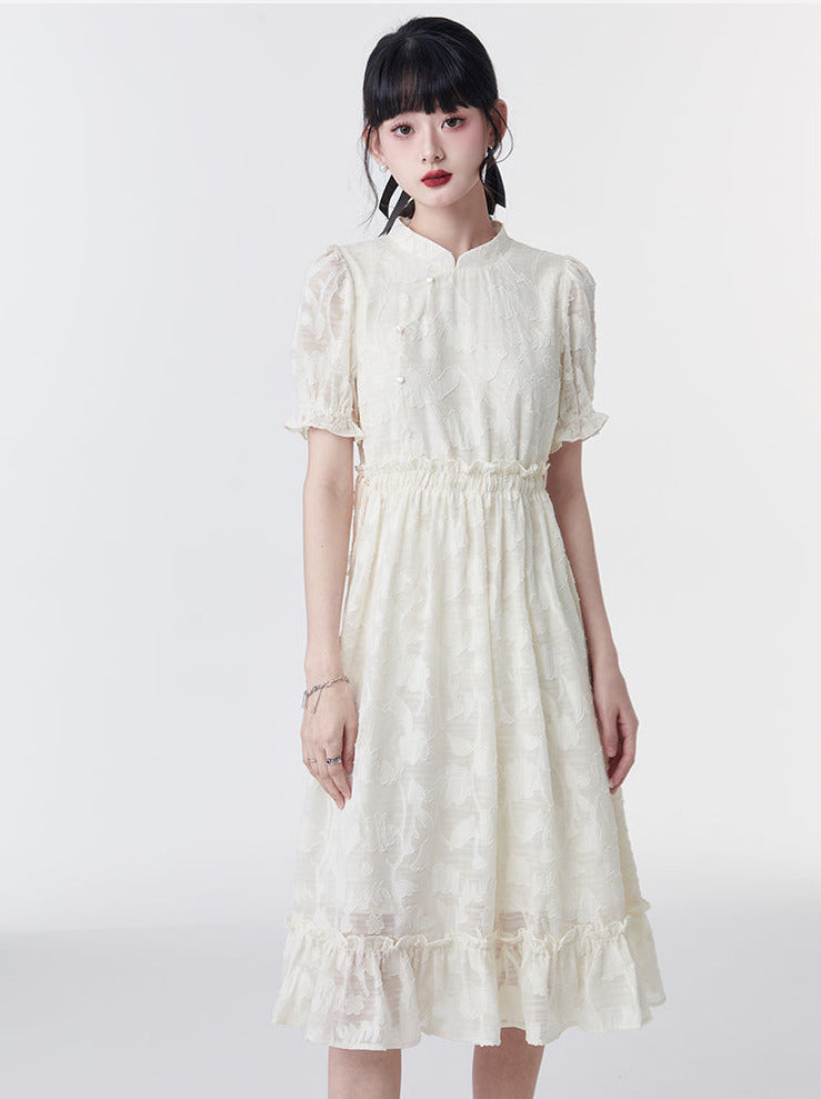 Sheer Puff Sleeve Drost Ribbon Flower China Dress