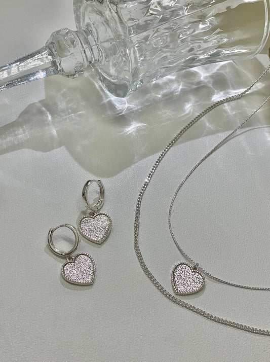 Silver lame heart necklace + earrings
