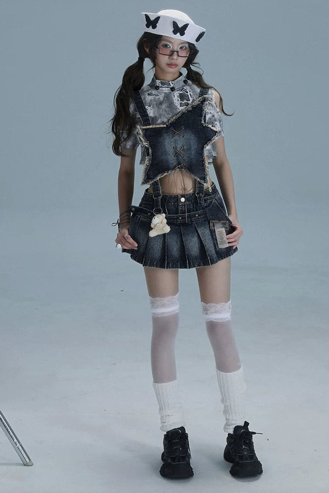 Y2Kスターデニムオーバーオールスカート+インナートップス