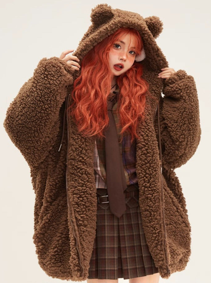 Bear Ears Hooded Lamb Wool Zipper Fur Coat