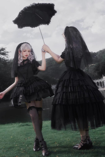 Dark Black Lolita Dress + Inner + Suspender Dress + Veil + Hairband + Belt + Sleeves