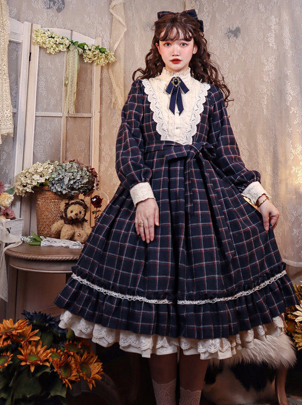 Retro Girl Volume Check Lolita Dress [Reserved Product]