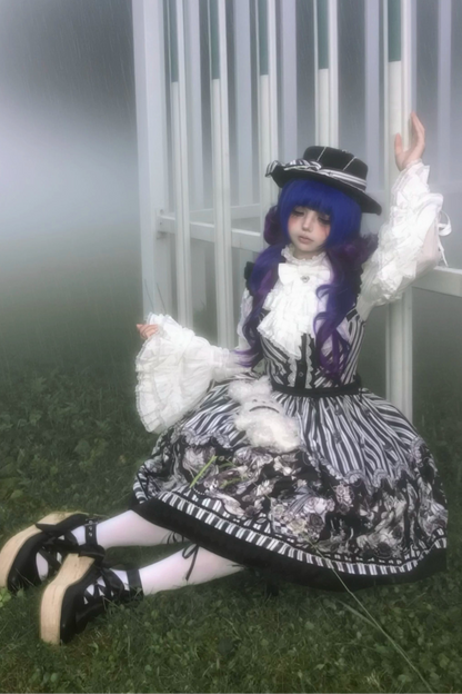 【10月3日予約締切】Black/White Elegant Gothic Series Accessories(Black Butterfly Print Striped Ribbon Hat, Black Rose Ribbon Brooch, Ribbon KC, Hair Clip Pair, Bonnet)