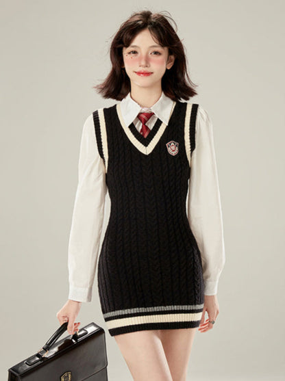 College Style Tie White Shirt + V-Neck Knit Vest Dress