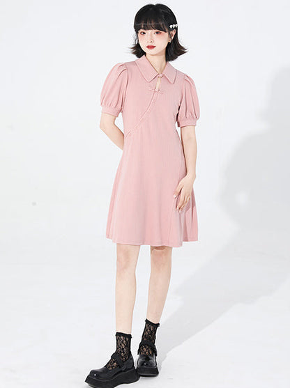 China Buckle Fog Pink Retro Puff Sleeve Knit Dress