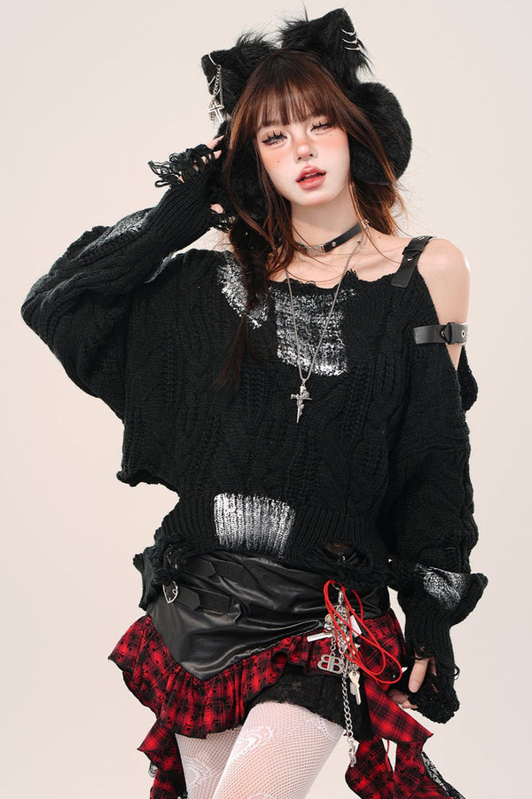コリアンスタイルオフショルダーニットカットアウトトップ