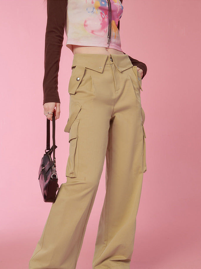 Flap Waist Loose Straight Casual Cargo Pants