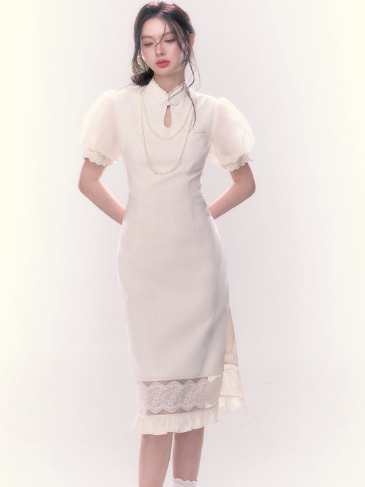 Underpass original design white new Chinese style lady puff sleeves thin temperament cheongsam dress