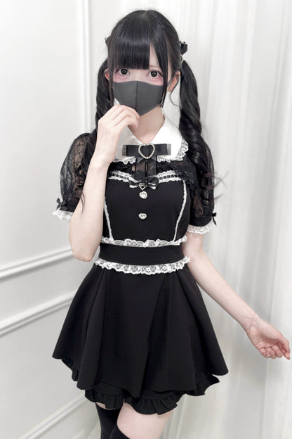 レースショールリボンシャツカラートップス＋ショートパンツ