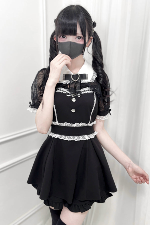 レースショールリボンシャツカラートップス＋ショートパンツ