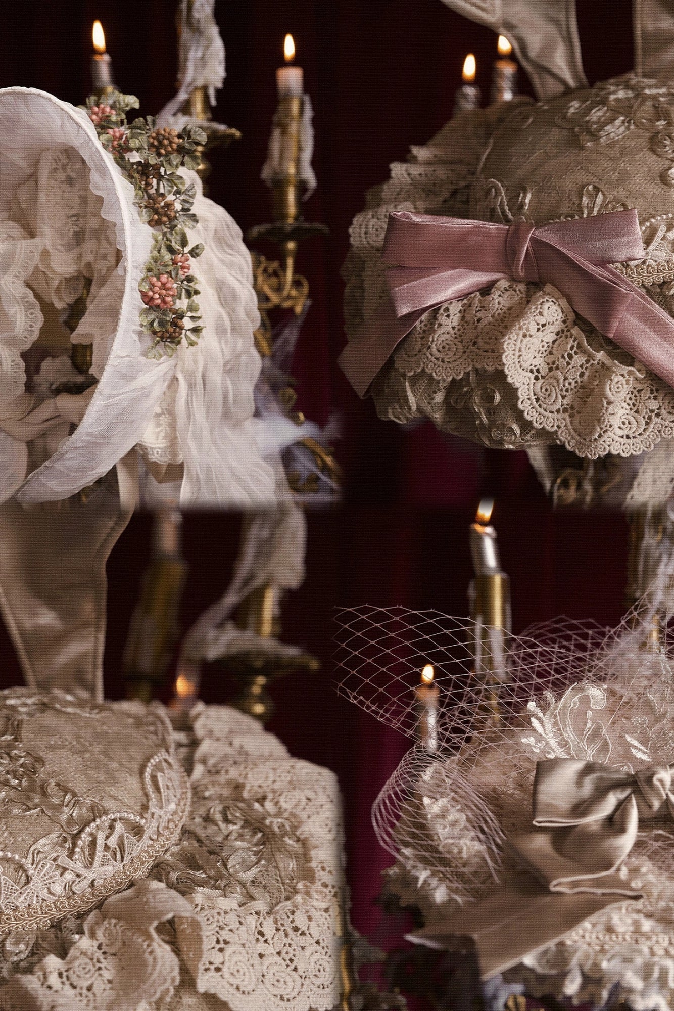 French Rococo Elegant Rabbit Ear Cap + Mesh Flat Cap + Mesh Bow Cap