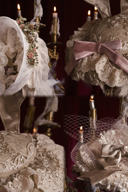 French Rococo Elegant Rabbit Ear Cap + Mesh Flat Cap + Mesh Bow Cap