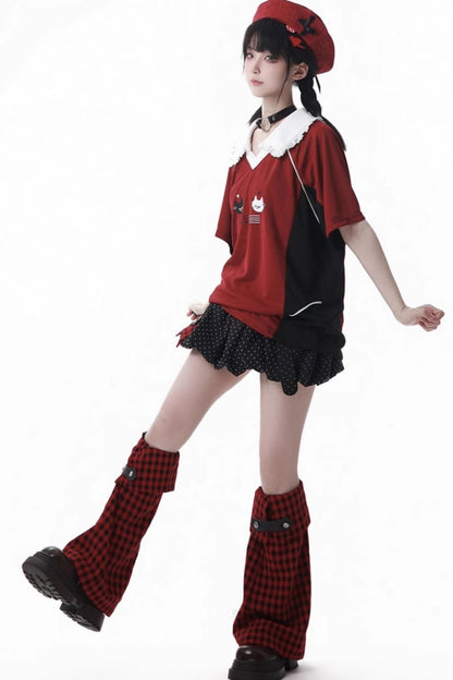 レースカラーオーバートップス＋バルーンスカート＋ロングパンツ＋レッグウォーマー