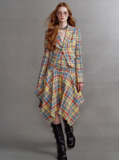 Retro Check Waist One Button Blazer Irregular Skirt Suit