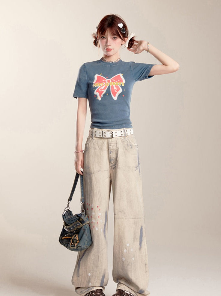 Art Design Wide Leg Denim Pants