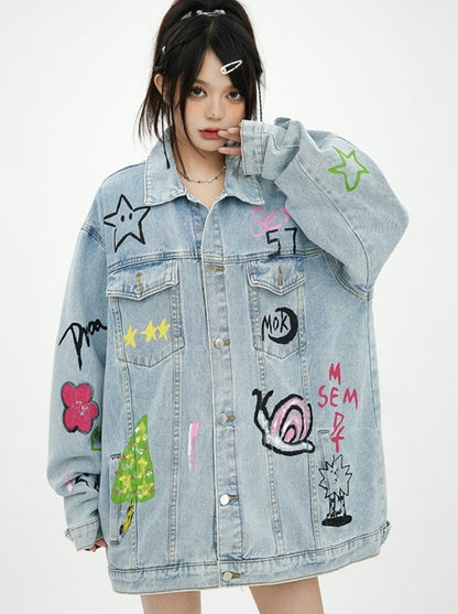 Spray art design oversized denim jacket