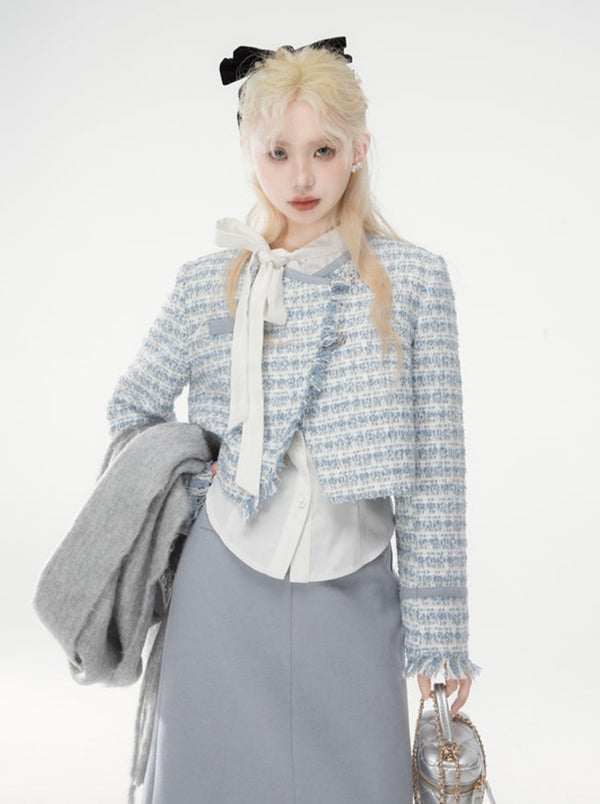 Ice blue jacket + slit long A-line skirt