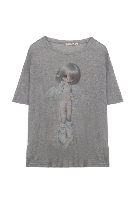 Angel Girl Print Sheer Loose Top